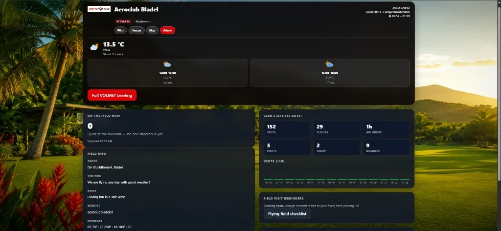 Aeroclub Bladel Club Lounge with weather, field activity, and club stats
