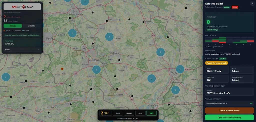 RCSpotter map with Aeroclub Bladel club drawer and VOLMET summary